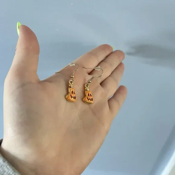 Halloween Earrings Enamel Pumpkin Jack O Lantern Orange Handmade Gold Plated - Picture 2 of 4